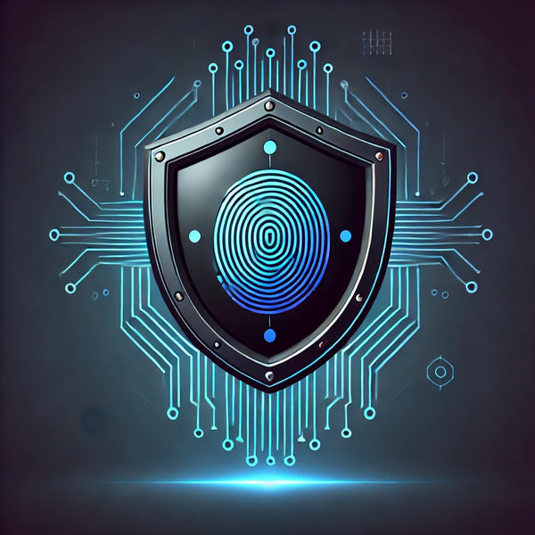 Futuristic cybersecurity shield with a fingerprint scanner and digital circuit background, symbolizing data protection and secure authentication.